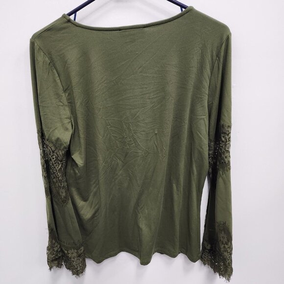 Melissa Peige Womens BOHO Top Large Olive Green Flared Lace Sleeve Casual New - Picture 7 of 7